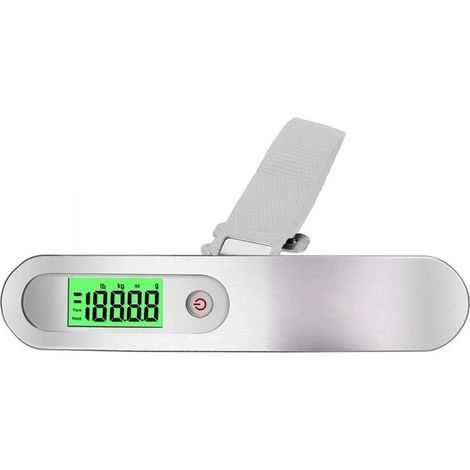 Tragbare digitale Gepäckwaage mit einer Tragkraft von 50 kg (110 lb) und einem Gurt für Gepäck und Reisekoffer, weiß (runde Tasten und grüne Hintergrundbeleuchtung), ideal für den Einsatz im Freien. (1/5)