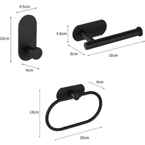 3-teiliges schwarzes Set A – Badezimmeraccessoires aus Edelstahl: Toilettenpapierhalter, Bademantelhaken und Serviettenring