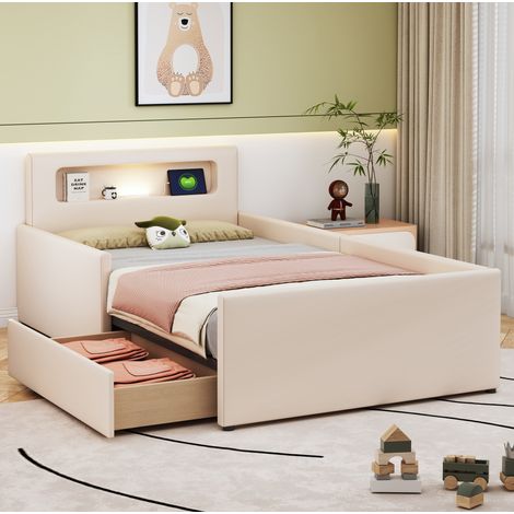 Cama infantil tapizada con USB y almacenaje beige OKMYHOME (1/5)