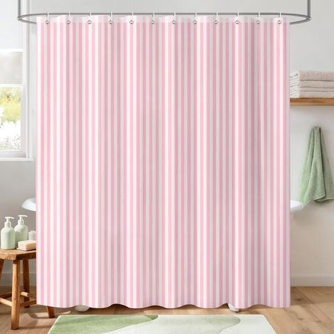 Rideau de douche à rayures roses et blanches, vintage rose à rayures verticales, géométriques, rideau de bain en polyester imperméable avec 12 crochets, 183 x 183 cm (1/5)