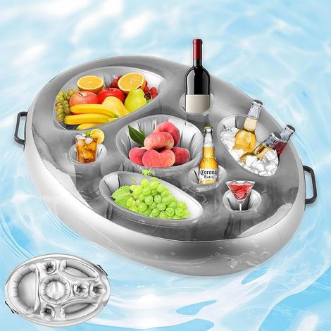 Porte-Gobelet Piscine Gonflable 2 en 1, Plateau Bar Flottant Plage 8 Trous, Coasters Flottants Grande Capacité, Serveur Buffet Fête Thème d'été pour Boissons Bouteille, Jus Bière, Snacks,Salade Fruits