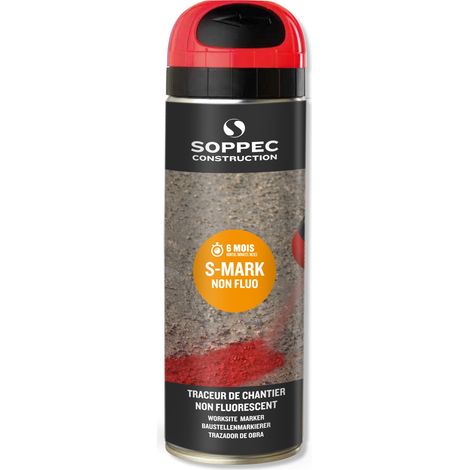 Soppec – Traceur chantier 6 mois 141904 – Spray traceur rouge non fluo 500 ml – Excellente adhérence sur béton et bitume – Séchage rapide 10 min