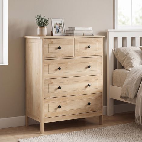 Commode 5 Tiroirs Style Contemporain, Rangement Chambre, 74x40x91 cm, Chêne (1/5)