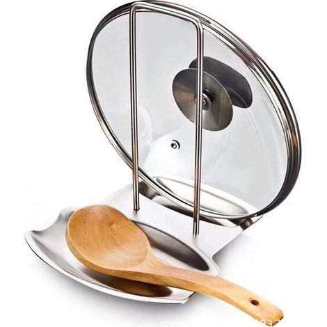 Support de couvercle de casserole et repose-cuillère en un, robuste, argenté (1/5)