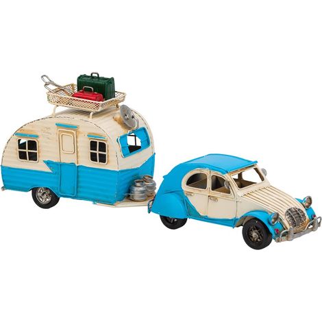 Coche de remolque con caravana de metal azul 41x9.5x15.5