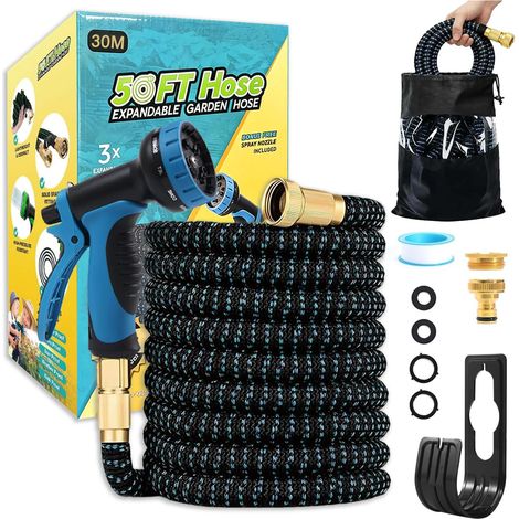 Expandable Garden Hose 30 m, Flexible Garden Hose with 1/2 Inch and 3/4 Inch Adapters, 10 Watering Modes, Durable Triple Thickness Latex with Fittings and Bag, for Cleaning, Watering (30M/100ft) (1/5)