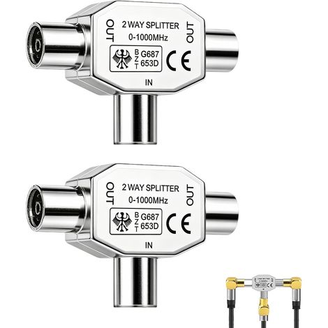 2 Pièces Répartiteur Antenne TV, Répartiteur Coaxial 2 Voies, 1 Mâle vers 2 Femelles Adaptateur RF T Couplage Coaxial Splitter, 0-1000MHz Faible Perte Signal pour TV Satellite Câble DVR PVR DVD (1/5)