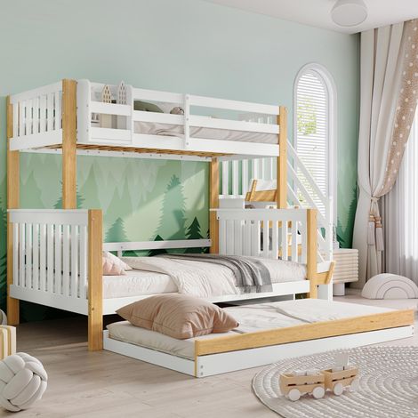 Lit superposé enfant 90x200 cm + 120x200 cm en bois avec lit gigogne 90x190 cm, escalier avec rangement, barrières de sécurité, blanc naturel (1/5)