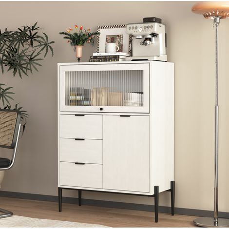 Aparador blanco con 3 cajones, 1 puerta y puerta de cristal, estantes ajustables y gran espacio, para cocina, comedor o recibidor, 85 x 40 x 120 cm CHICFURN (1/5)