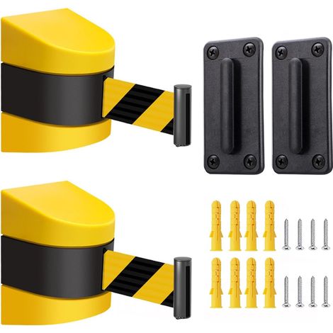 Lot de 2 bandes de barrière extensibles de 5 m - Jaune et noir - Avec boîtier mural en plastique ABS - Fixation murale - Arrêt de sécurité extensible pour queues d'attente (1/5)
