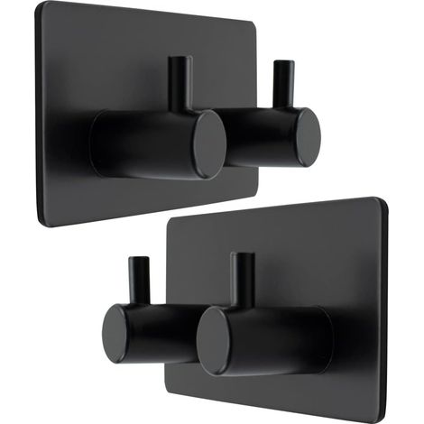 Set mit 2 selbstklebenden, wasserfesten Edelstahlhaken für Badezimmer, Handtücher, Hüte, Mäntel, Schlafzimmer, robuste Türhaken (matt schwarz) 2 Haken (2er-Pack)