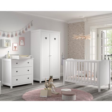 Chambre complète lit bébé 60x120 commode à langer et armoire 2 portes Vipack Amori Blanc (1/5)