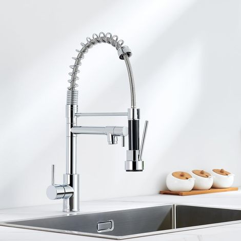 Grifo de cocina con 2 tipos de chorro, de acero inoxidable, giratorio 360° para agua fría y caliente. (1/5)