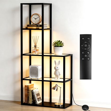 168cm Bois Étagères Vitrée Verre Trempé Éclairage LED 2700‑6500K Lampe sur Pied Dimmable Télécommande Charge 15kg/étagère Lampadaire Vitrée en Verre Rangement pour Salon Chambre Bureau Noir (1/5)