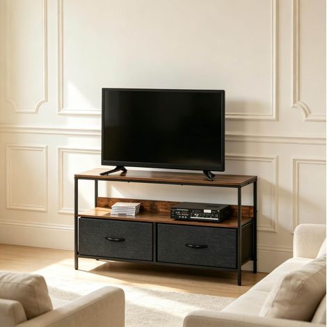 Meuble TV 98x29x56 cm en panneaux de bois, métal et tissu noir, avec rangement pour salon FloraGrace (1/5)