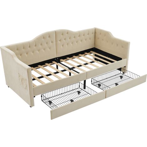 Lit rembourré, lit de jour, canapé-lit, lit avec rangement, cadre de lit avec fonction de charge USB Type C et 2 tiroirs 90x200cm en velours beige (sans matelas) (1/5)