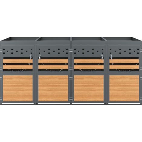 CAIziAbri pour poubelles 4 bacs avec toit végétalisé, 120-240 litres, anthracite, porte aspect bois, avec possibilité d’extension, coffre de rangement pour poubelles, box à poubelles (le produit ne co
