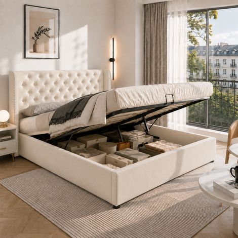 Lit tapissier, 140x190 cm, Beige, avec rangement, relevable hydraulique, avec sommier à lattes, Velours (1/5)