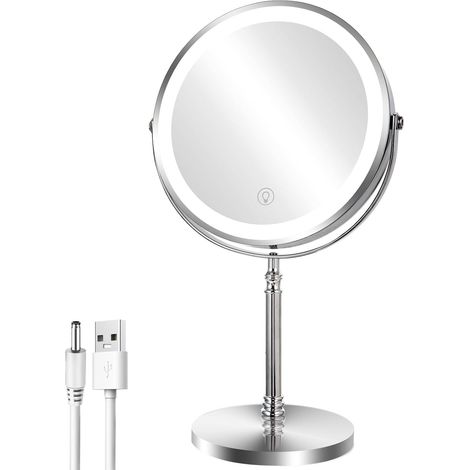 Miroir de maquillage grossissant de 20,3 cm avec lumière - Rotation 1X/10x à 360° - Miroir de maquillage avec éclairage rechargeable - 3 lumières colorées - Miroir de courtoisie lumineux sur