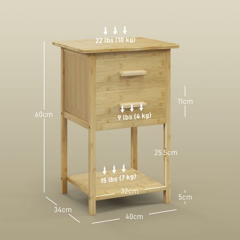 Ensemble de 2 tables de chevet de style scandinave (avec 2 tiroirs et une étagère inférieure), tables de chevet modernes en bambou, 40x34x60 cm, grain de bois. (1/5)