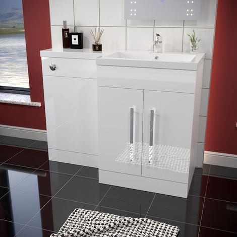 ELEGANT 1100mm L Shape Bathroom Vanity Sink Unit Furniture Storage,High Gloss White Vanity Unit with Concealed Cistern + Basin Right Hand
