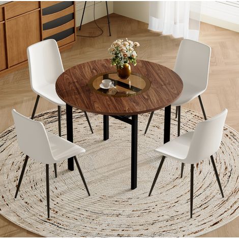 CHICFURN Set tavolo da pranzo rotondo 100 cm effetto legno marrone, 4 sedie in PU bianche (1/5)