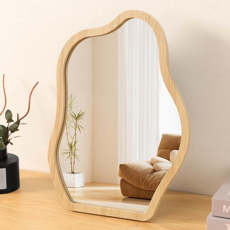 Miroir de table de bureau irrégulier avec cadre en bois - Miroir de table rétro sur pied - Portable - Haute définition - Pour comptoir, salle de bain, salon, chambre à coucher, table de salle de bain (1/5)