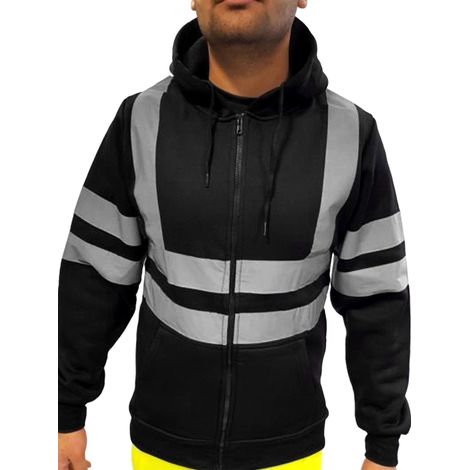 Homme Pull à Capuche Zip Sécurité Réfléchissant Veste de Travail Manches Longues Automne avec Poches