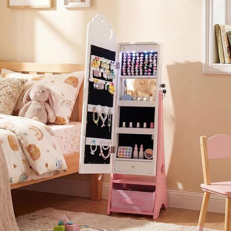 Armoire à bijoux pour enfants avec éclairage, organiseur de bijoux pour enfants avec miroir pleine longueur, 4 lumières à capteur - blanc (1/2)