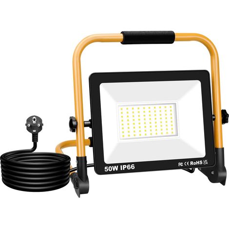 Projecteur Chantier LED sur Pied 50W Spot LED Extérieur Filaire Petit Lumiere de Chantier 5000LM, 6000K Blanc, Etanche IP66, Portable Lampe de Travail Pour Garage Atelier Construction (1/5)