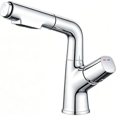 Washbasin Mixer Tap with Pull-Out Spray, 360° Swivel Bathroom Sink Tap (2 Modes, Spout Height 19 cm, Height Adjustable, No Tap, No Drain Pull), Chrome (1/5)