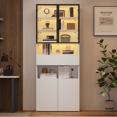 Vitrine 70x30x200 cm weiß aus Spanplatte mit Glastüren, Schublade, LED und offenen Fächern (1/5)