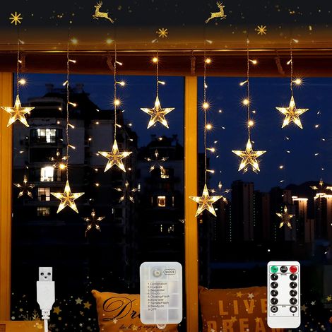 Rideau Lumineux Etoile 3m 120 LEDs Guirlande Lumineuse Noël, USB/Pile, 8 Modes Rideau Lumineux Noël Interieur Exterieur avec Minuterie et Télécommande pour Noel Decoration Fenetre (1/5)