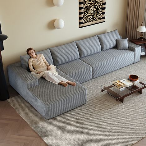 Canapé d'angle en L 340cm,canapé modulaire en velours côtelé, avec chaiselongue,canapé 4 place compression,assise profonde,gris