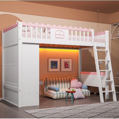 Lit mezzanine enfant 205x127x160.8 cm blanc et rose en pin et MDF avec LED, armoire et tiroirs (1/5)