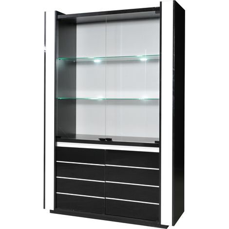Meublorama – Vitrine argentier vaisselier LINA noir et blanc avec éclairage LED intégré – 4 portes battantes – Dimensions 120x185x45 cm
