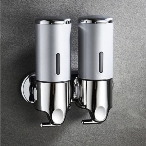 Distributeur de douche mural à 2 compartiments avec étagère de rangement - Peut contenir shampooing, savon, après-shampooing et gel douche, adapté pour salle de bain, cuisine, hôtel (argent, 2 compart
