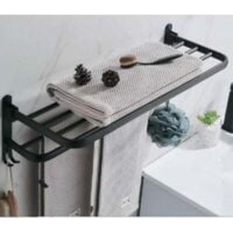 Black 40cm Folding Wall-Mounted Aluminum Towel Rack with Storage Shelf for Bathroom (1/3)