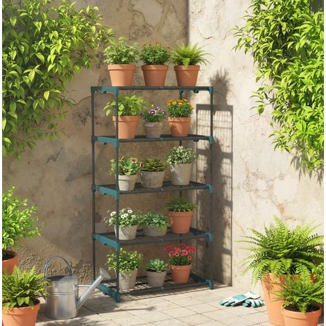 Estantería para plantas (67x49x138 cm), 5 niveles, carga 20 kg, estructura de acero y conectores de plástico, verde oscuro (1/5)