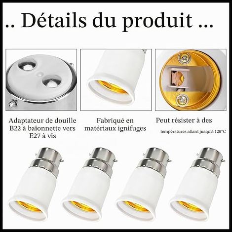 Adaptateur B22 e E27,Adaptateur Ampoule Baillonette vers Vis, Convertisseur de Douille Baïonnette B22 vers Vis E27,0-250V,pour Ampoules LED,Incandescente Halogène et CFL pour Eclairage. (1/3)