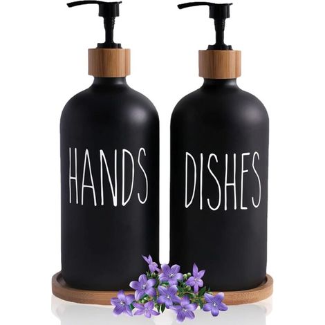 Bardusch-Lot de 2 distributeurs verre noir mat 500 ml + plateau, liquide vaisselle, déco style ferme (1/5)