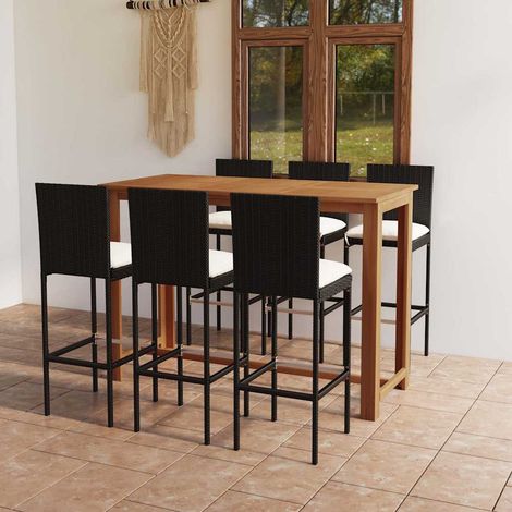 Ensemble Table de bar + 6 Chaises de bar de jardin avec coussins - Table Haute avec 6 Tabourets Noir BV489006 - BonneVie (1/5)