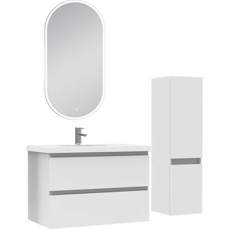 Ocean ensemble meubles Salle de Bain 80cm vasque + colonne + miroir LED Blanc