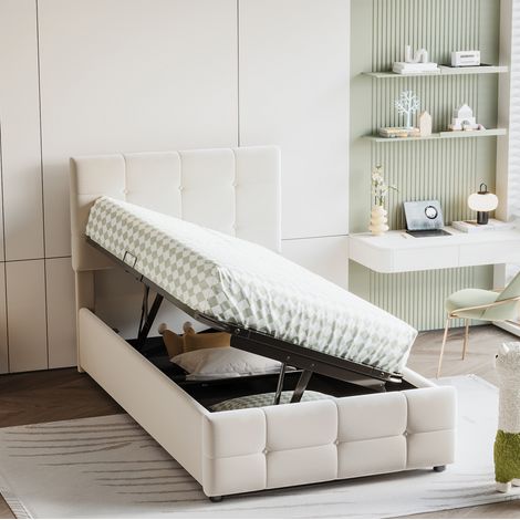Letto per bambini imbottito con contenitore 90x200 cm, velluto beige, testiera regolabile, rete a doghe (1/5)