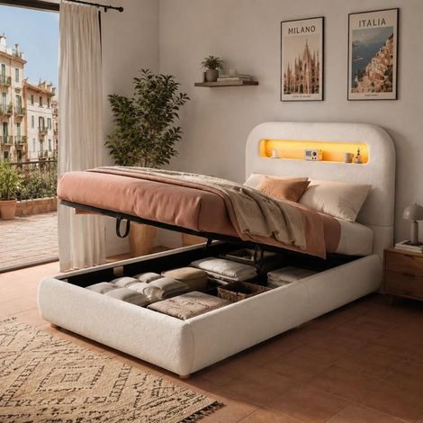 Lit coffre hydraulique en bouclé blanc - SINGULARITY - 90 x 200 cm - LED intégrées - Sans matelas - Lattes incluses (1/5)