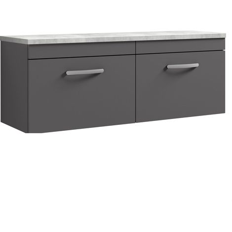 Millwich Contemporary 2 Drawer Wall Hung Vanity Unit with Laminate Black Galaxy Granite Worktop, Gloss Grey, 1200mm