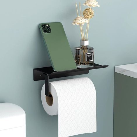 Wandmontierter Toilettenpapierhalter aus Aluminium (perforiert/nicht perforiert), Rollenhalter mit geräumigen Ablagen, Wandmontierter Toilettenpapierhalter für Badezimmer und Küchen (Schwarz) (1/4)