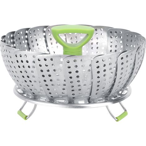Cesta vaporera plegable de acero inoxidable para frutas y verduras, un práctico ayudante de cocina. (1/5)