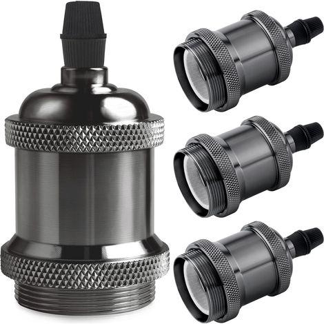 Lot de 4 douilles E27 vintage en aluminium massif et céramique, adaptateurs pour ampoules à vis Edison, fixation murale, sur table ou au plafond, noir. (1/5)