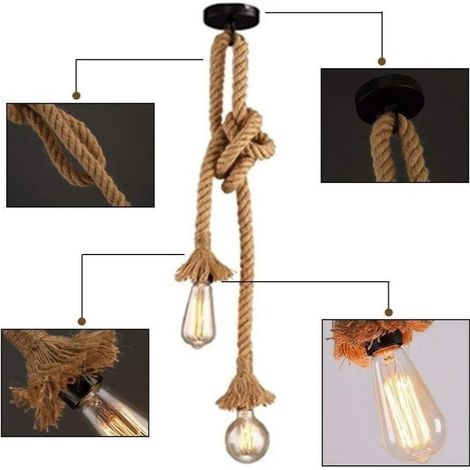 Lámpara colgante vintage de cuerda de cáñamo de 2 cabezales con casquillo E26/E27, lámpara colgante retro de cuerda de cáñamo, lámpara de techo vintage de estilo retro para comedor. (1/5)